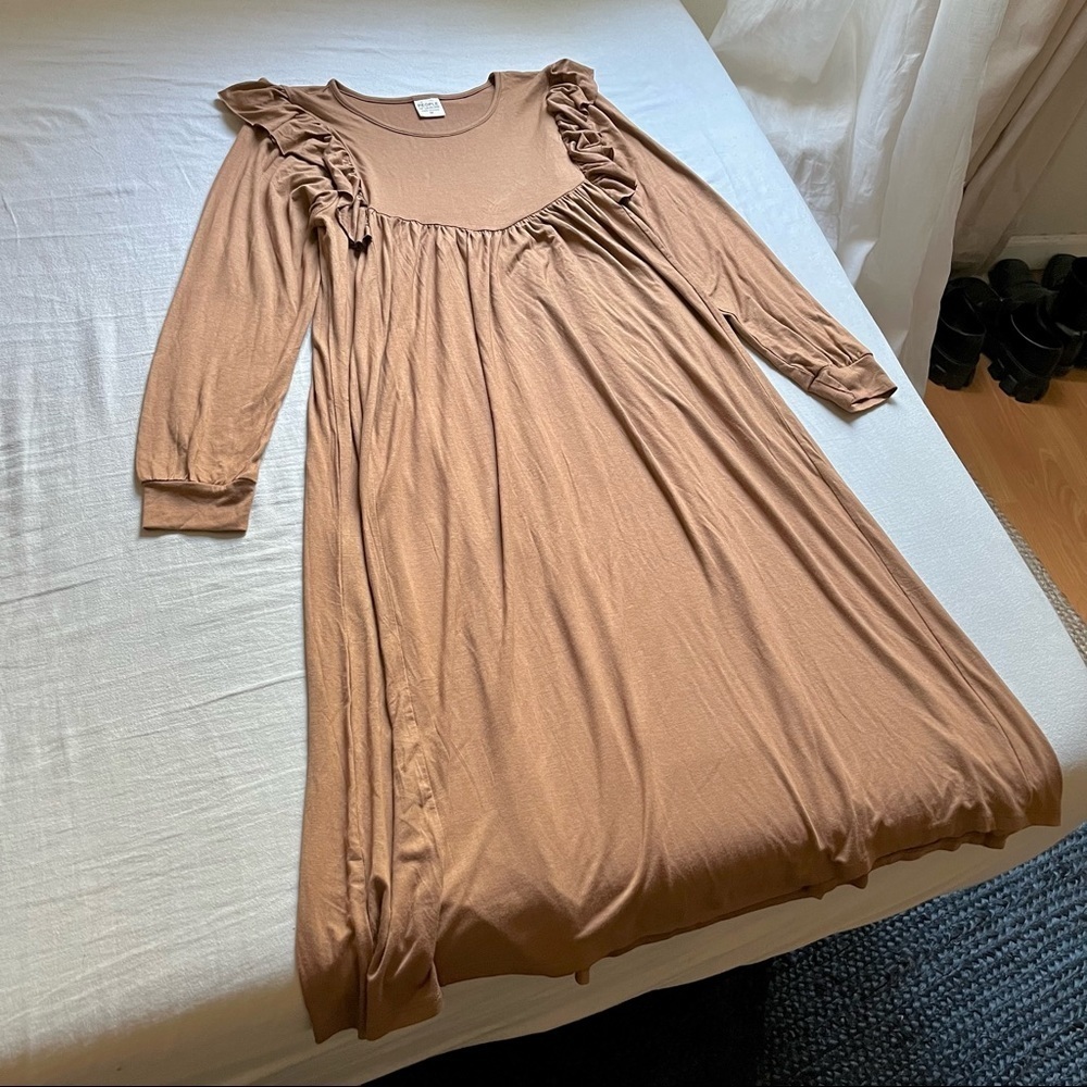 People of Leisure brown knit jersey ruffle long puff‎ sleeve midi dress